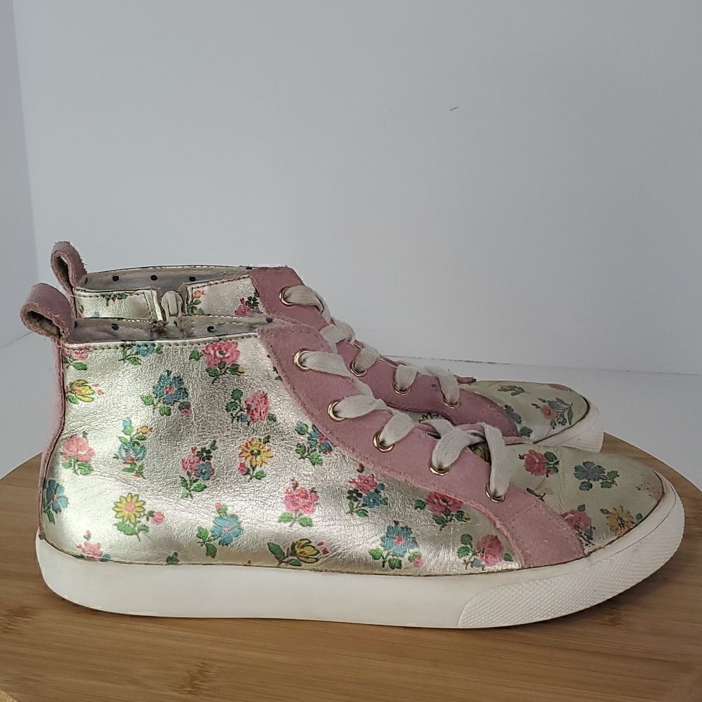 Mini Boden Metallic Gold & Pink Floral High-Top Sneakers Size 37